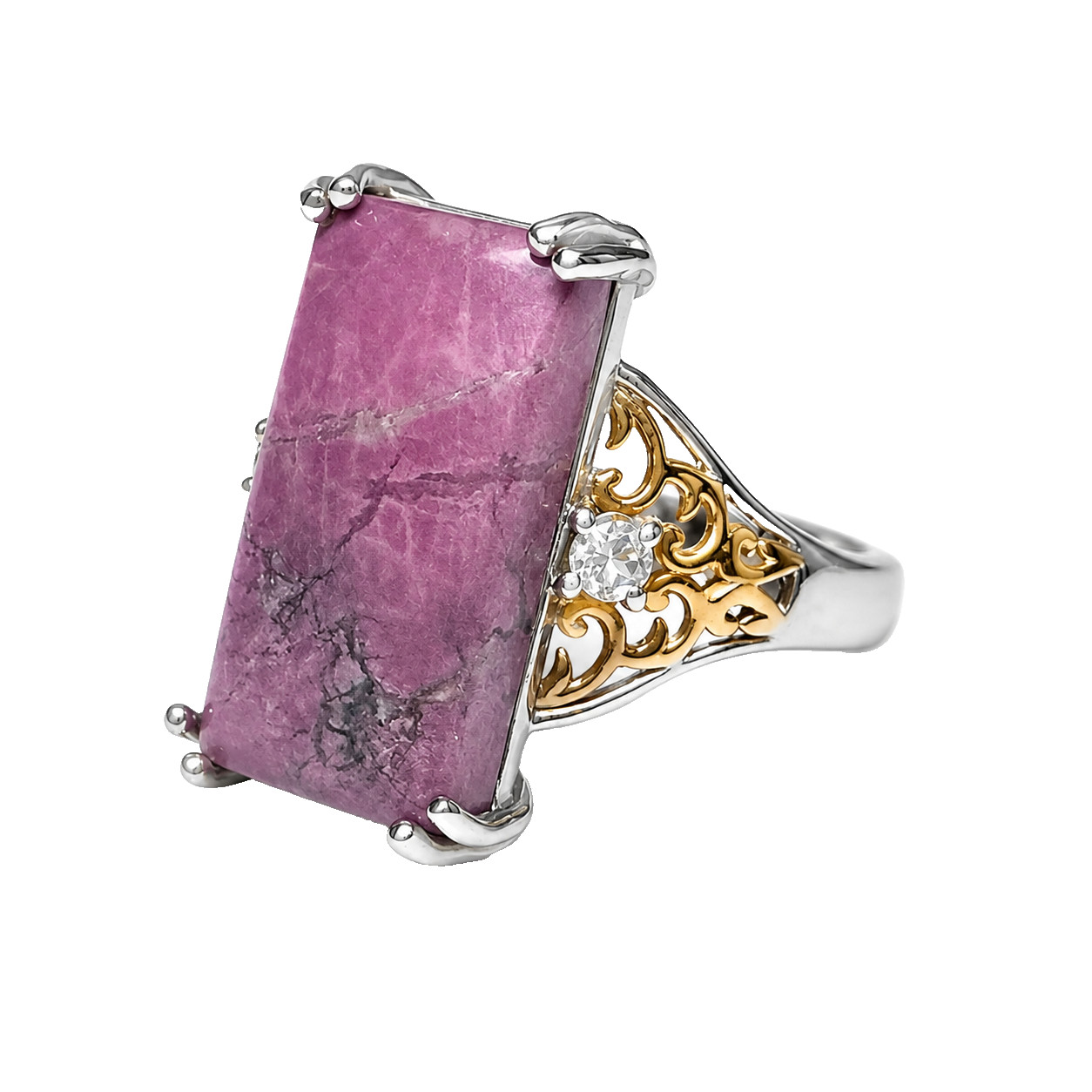 Statement Ring Pink Howlite White Topaz Ion Plated Gold Bonded Size 7 Rectangle