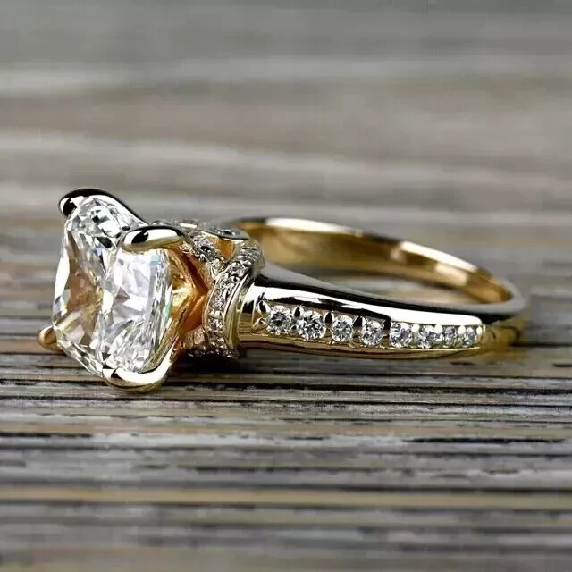 3Ct Cushion Cut Real Moissanite Bridal Set Wedding Ring 14K Yellow Gold Plated