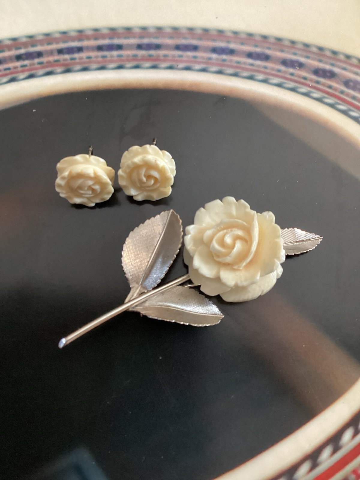 Sterling Silver Carved White Rose Brooch w/Matching pierced Earrings