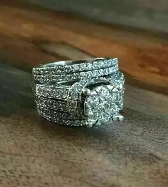4Ct Round Lab Created Diamond Engagement Ring Wedding Set 14K White Gold Plated