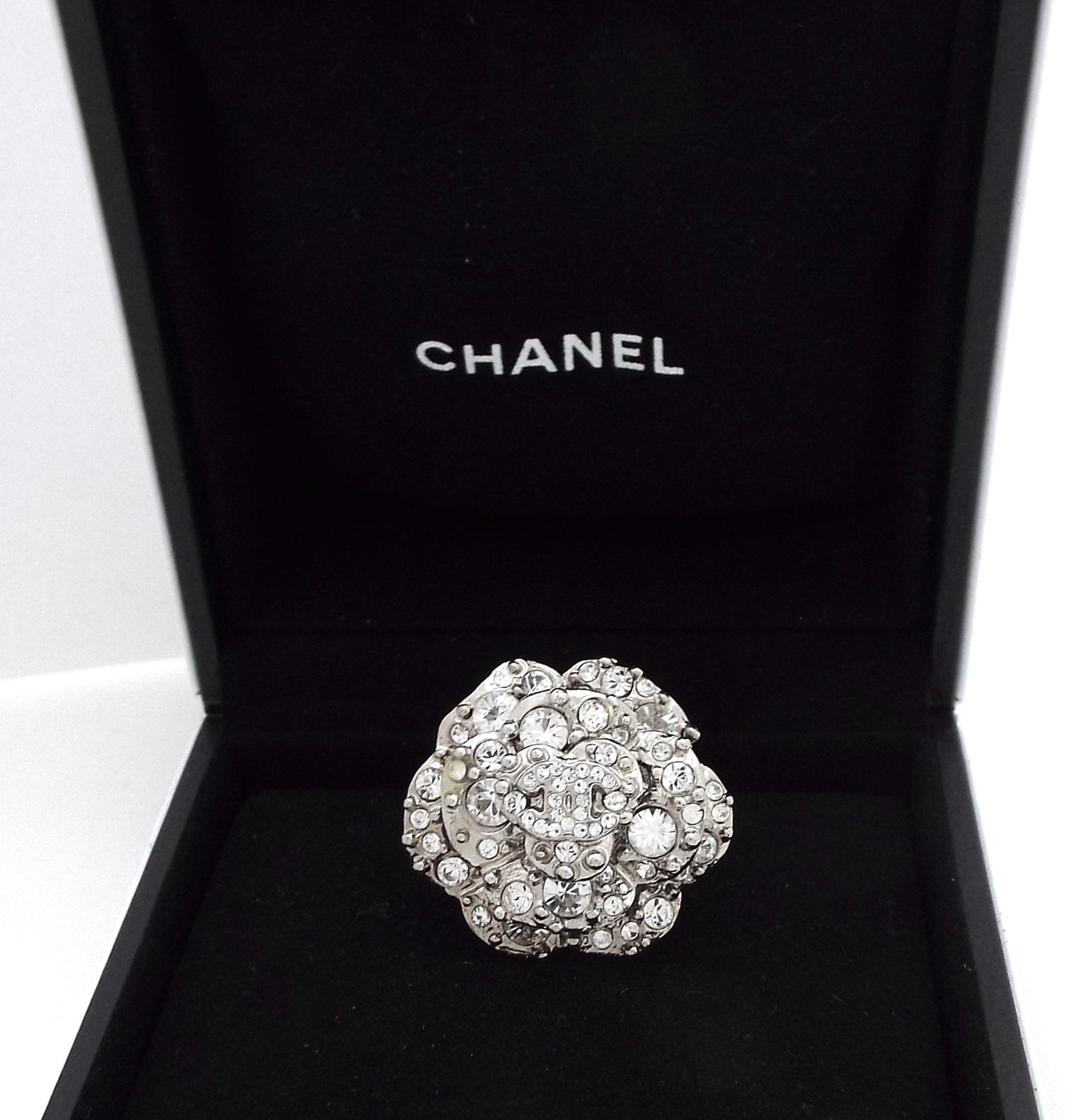 CHANEL – Coco Mark Camellia Flower Ring – Swarovski Crystals – Size 6 3/4 ~#0027