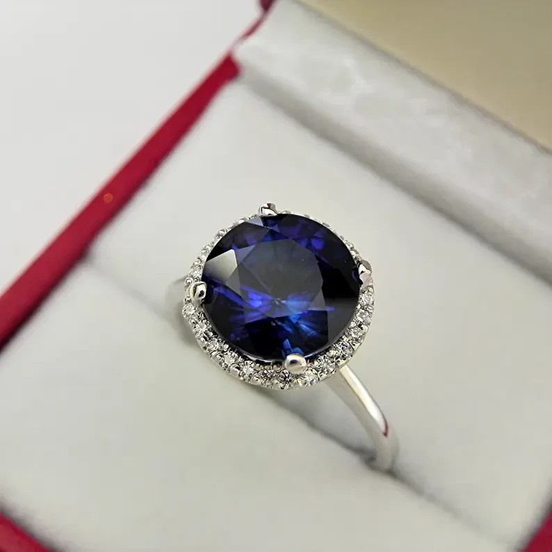 4.30 Ct Round Cut Natural Sapphire Diamond Engagement Ring 14K White Gold Size 8