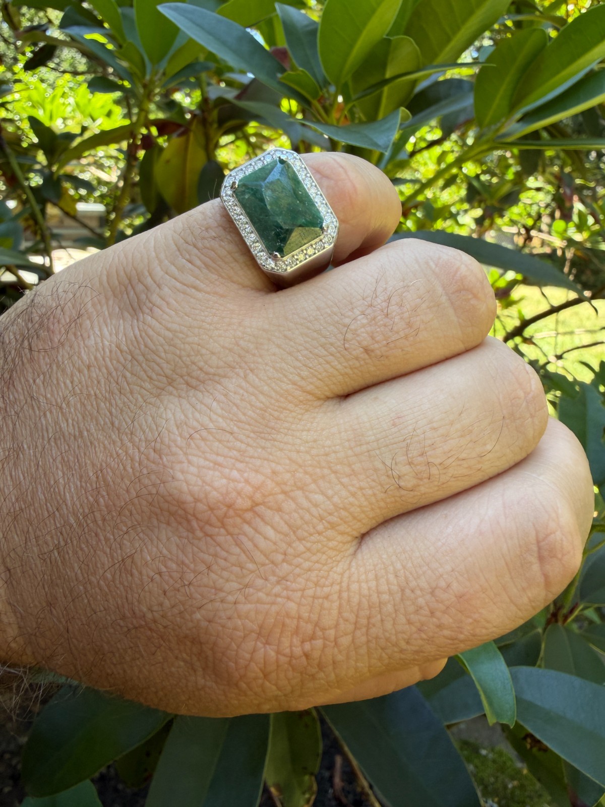 MOISSANITE Iced Natural 9ct Rectangle Green Emerald Stone Ring 925 Silver