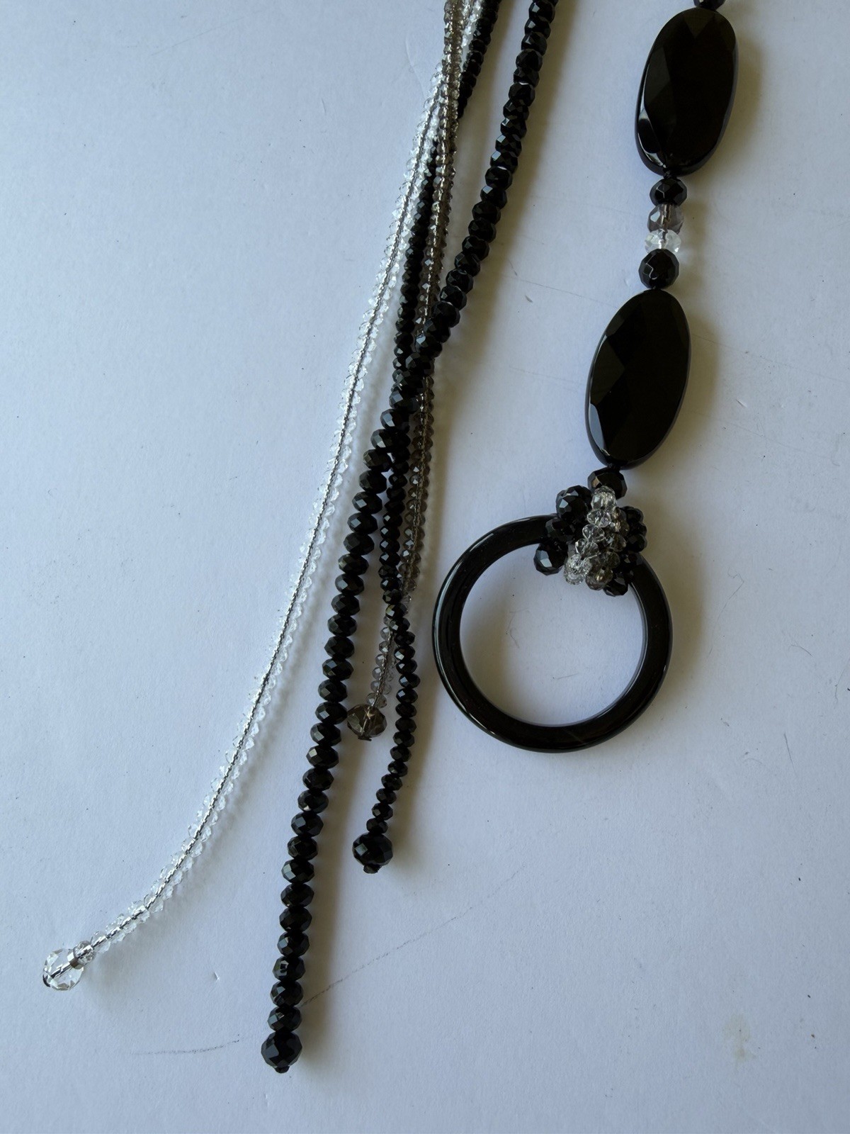 Black Onyx W/ Gold, Clear & Black Glass In 32” Lariat Necklace Adjustable