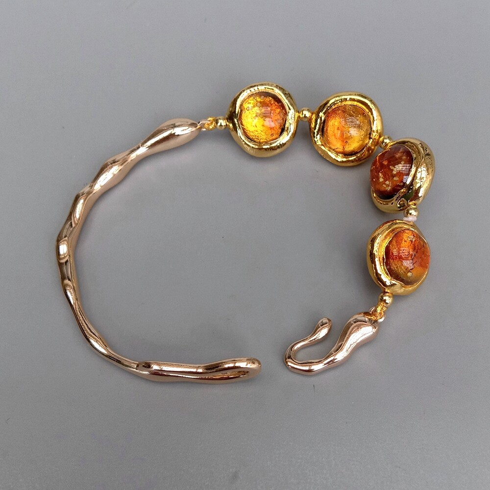 Golden Brown Murano Glass Gold Plated Bangle Asymmetric Beaded Bracelet