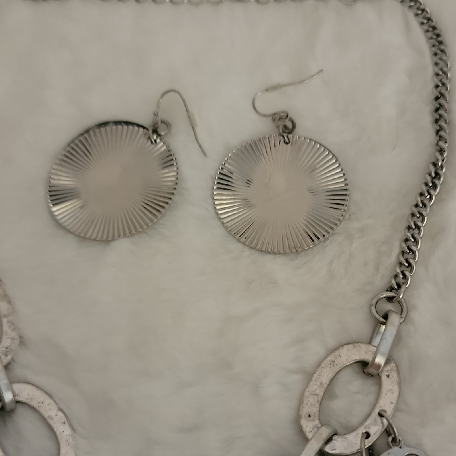 Silver Floral Medallion Embossed Charm Necklace with Matching Earrings