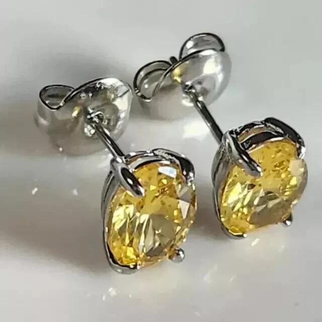 2Ct Oval Cut Lab Created Yellow Sapphire Stud Earring’s 14K White Gold Plated
