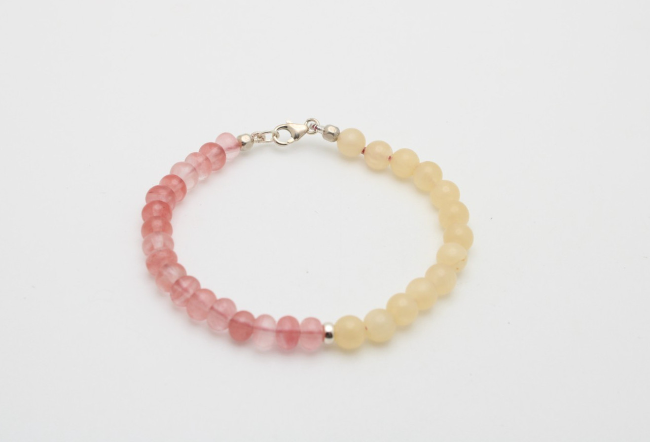 925 Sterling Silver Cherry Quartz Lemon Jade 6.25mm Stone Bracelet 7.25 In