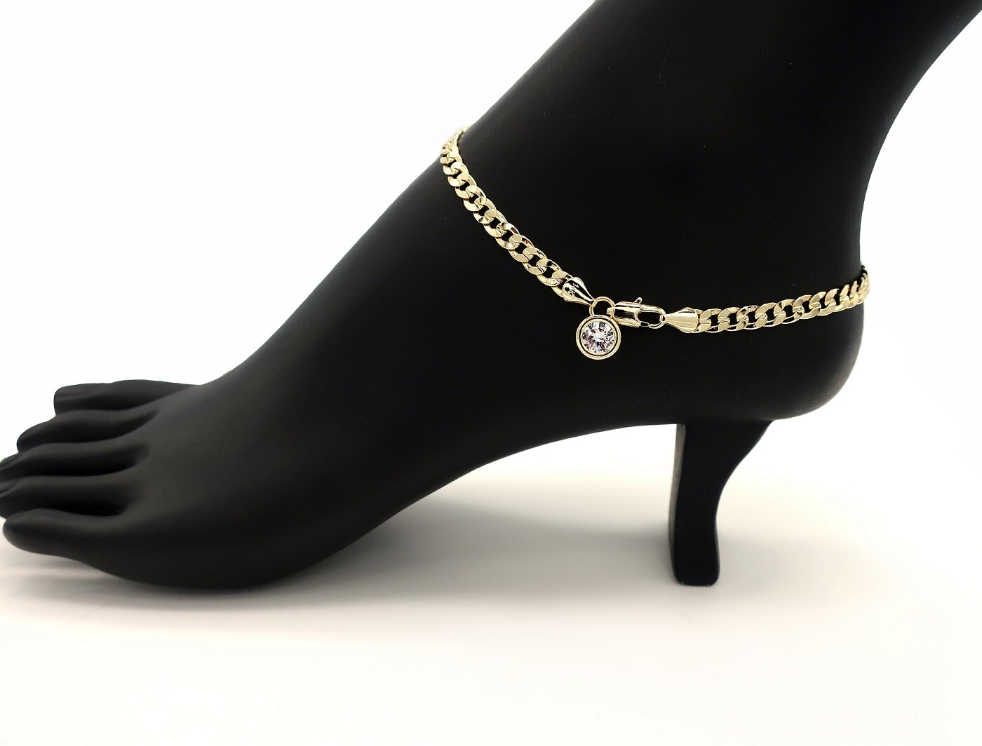 10″ CONCAVE CUBAN LINK CHAIN 5mm ANKLET CUBIC ZIRCONIA BRACELET 14K GOLD PLATED