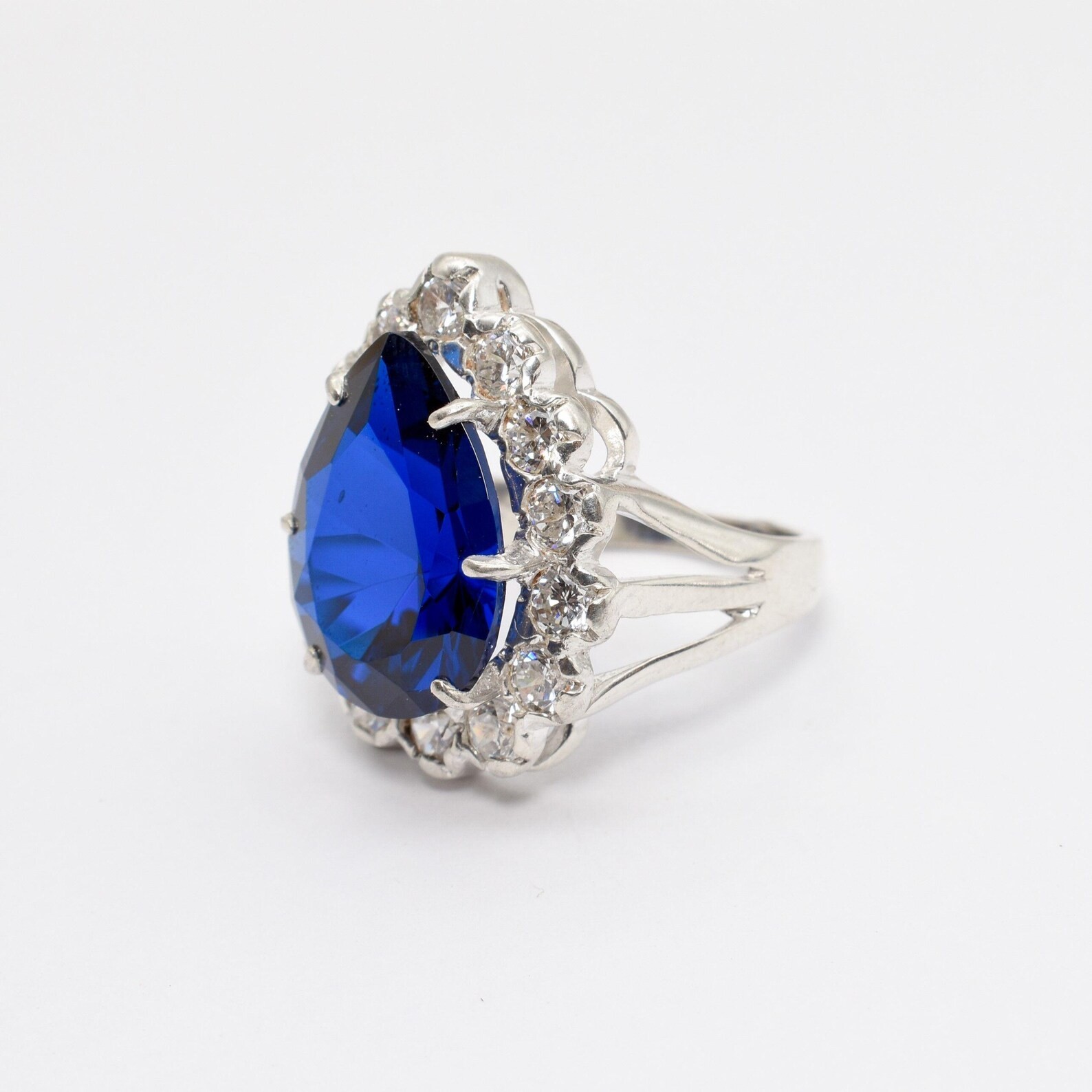 5.80 Ct Pear Cut Natural Sapphire Diamond Engagement Ring 14K White Gold Size 7