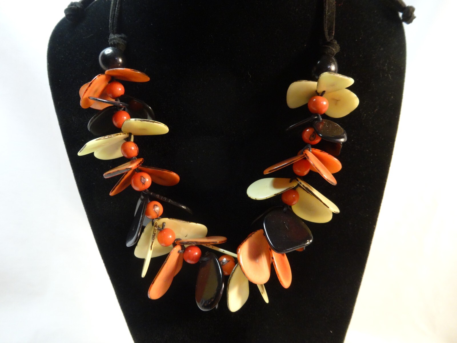 Stunning Acrylic Peach Cream Black Petal Beads Leather Cord adjustable via Slide