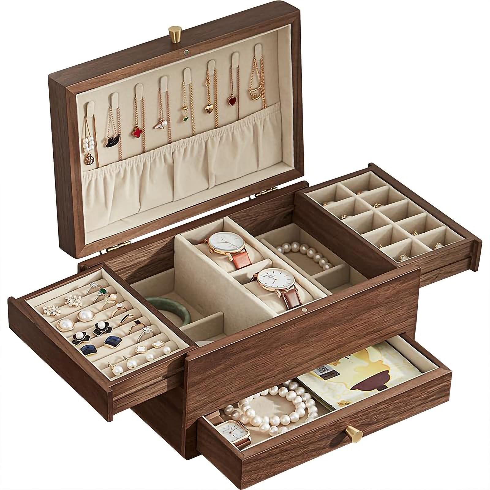 Black Walnut Wooden Jewelry Box for Women, 3 Level Multifunctional Drawer Org…