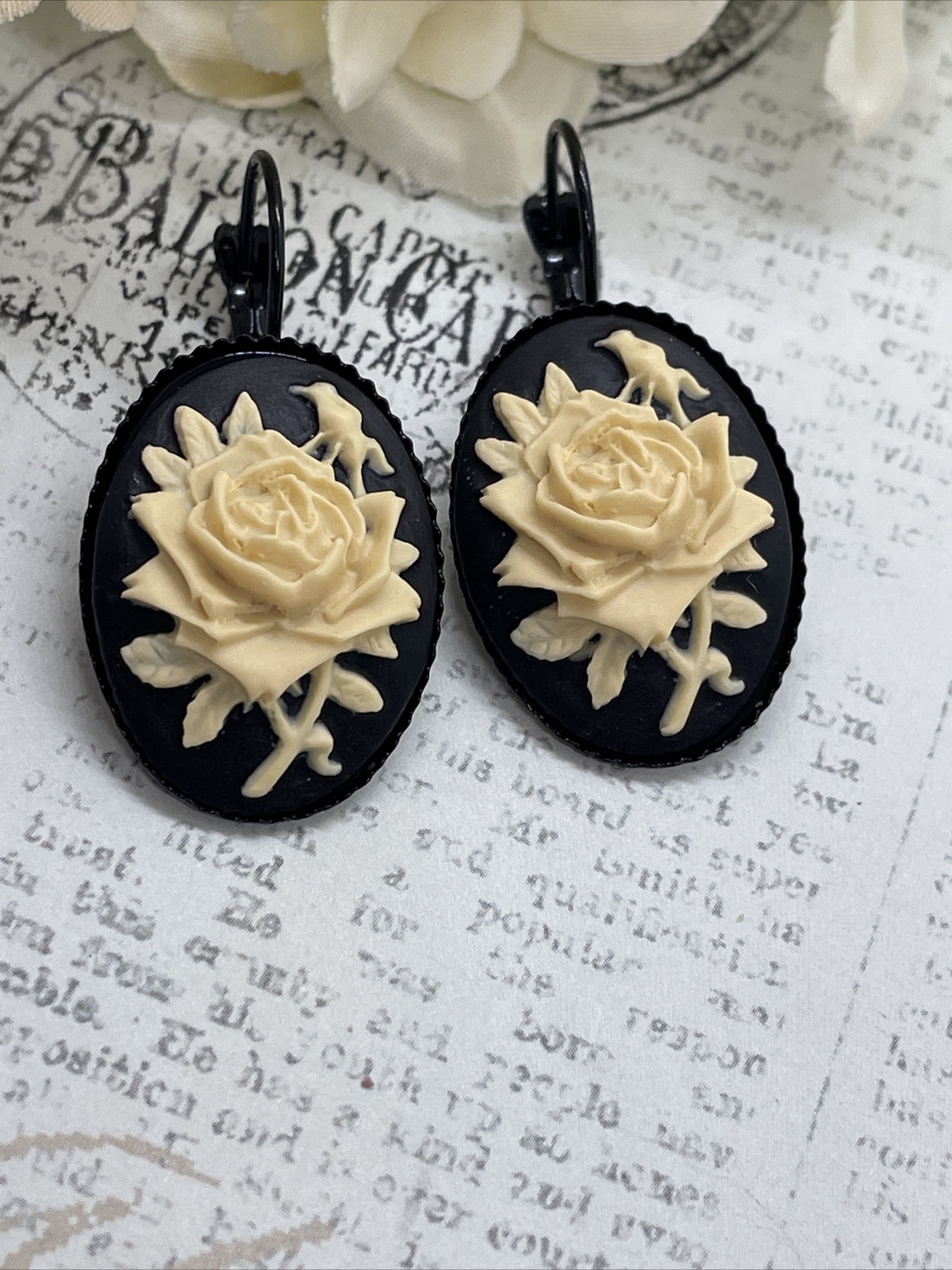 Rose Victorian Gift Wedding Cream & Black Setting Enamel Earrings Cameo Birthday