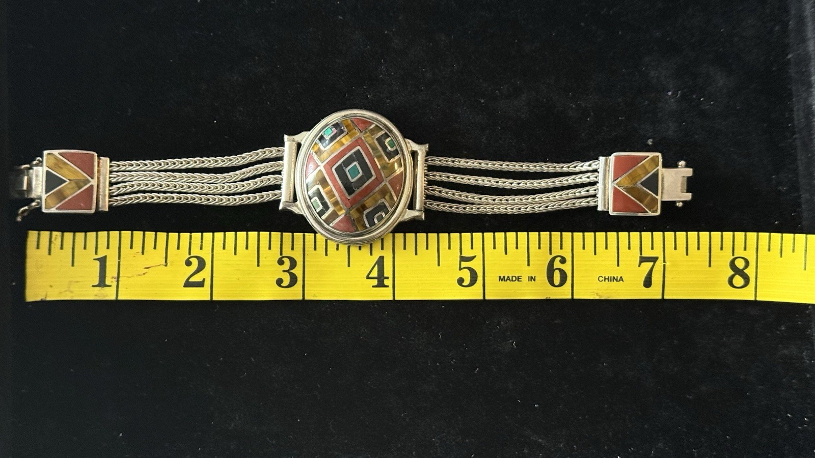 950 Silver Peru Multi Gemstone Oval Inlay Braided Chain Bracelet – 7.5”Long