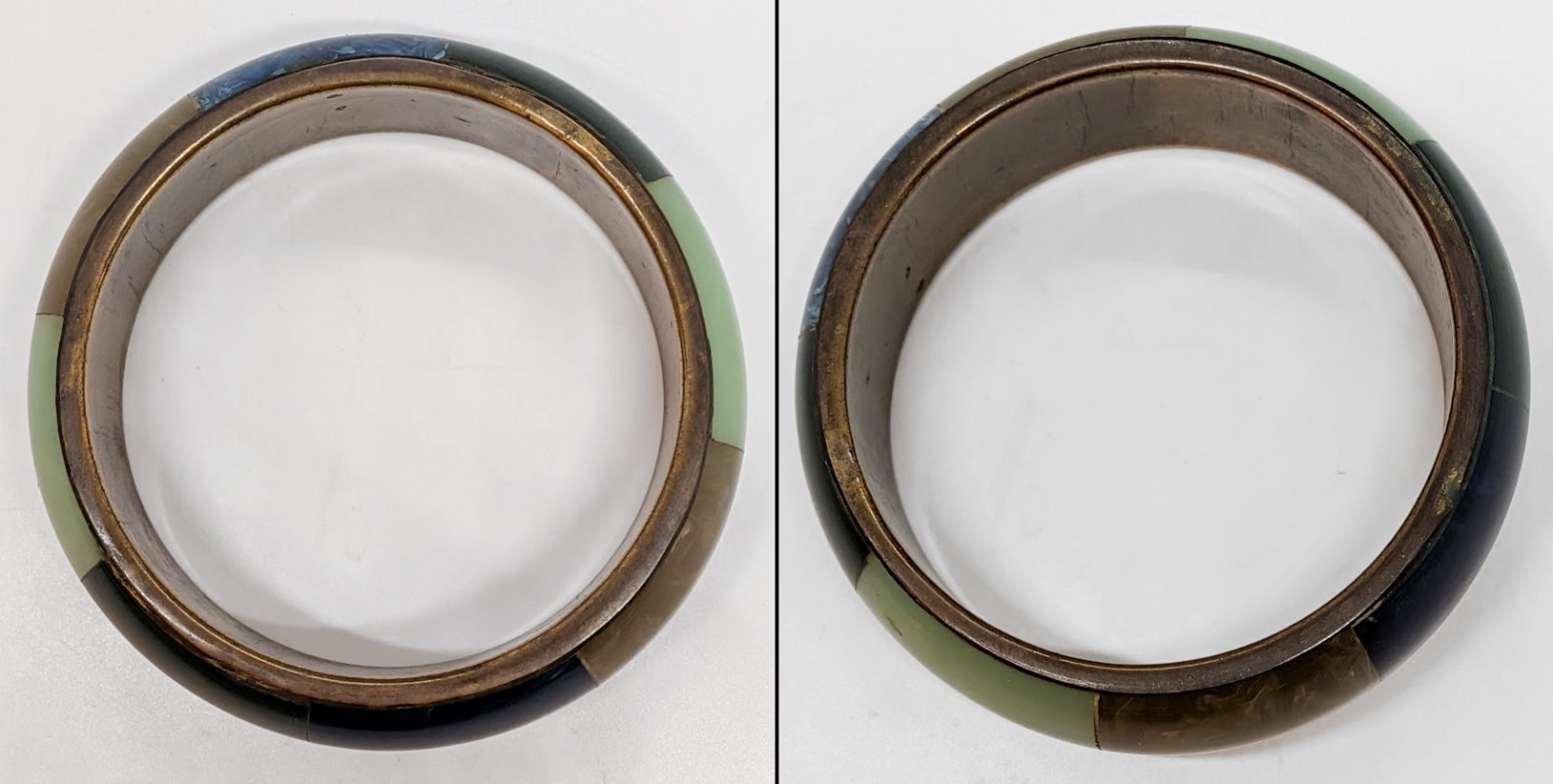 Vintage Chunky Brass Bangle Bracelet Color Block Resin Inlay Green Blue Brown
