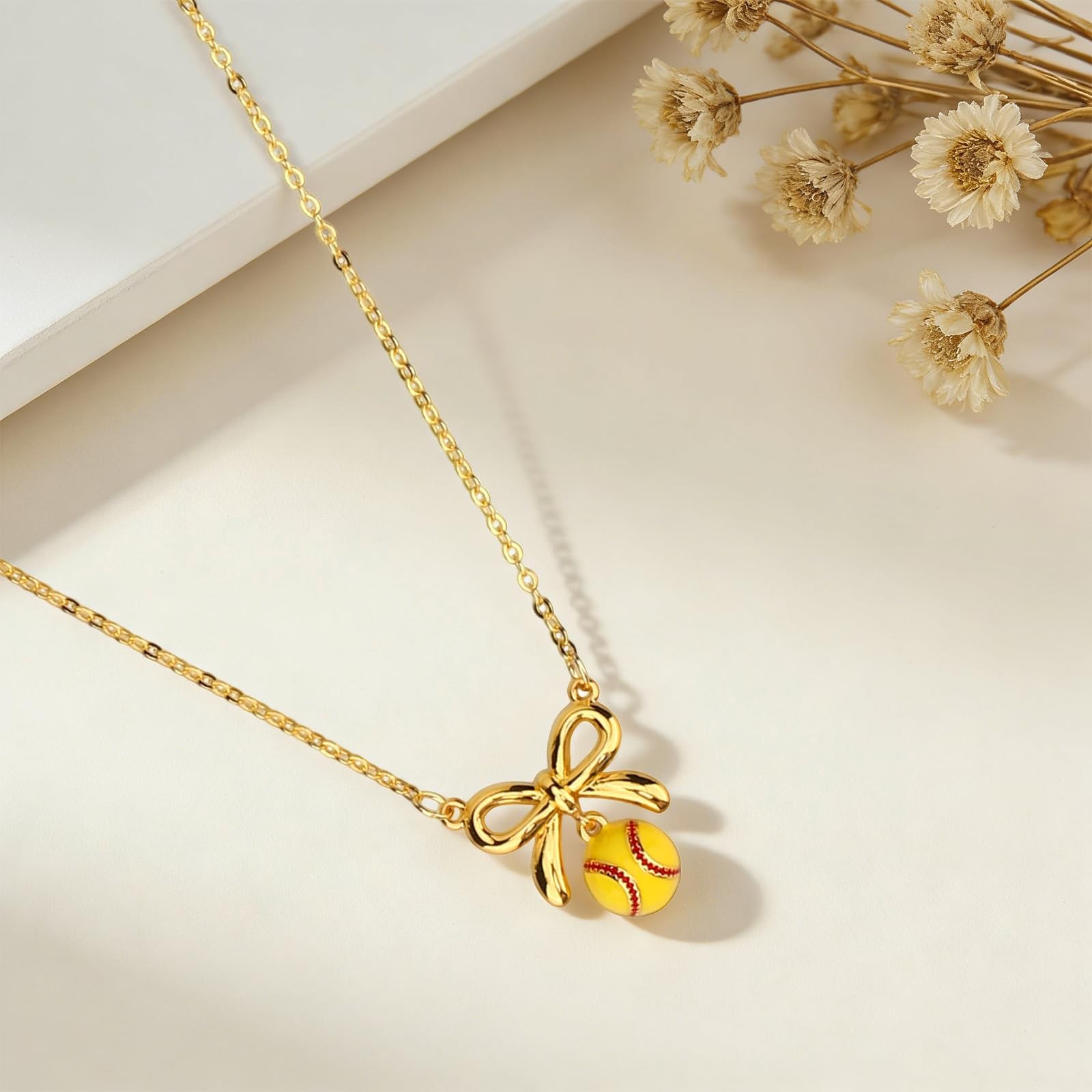 Softball Necklaces, 40+5cm/16+2in Adjustable Bow Pendant Necklaces Sports Acc…