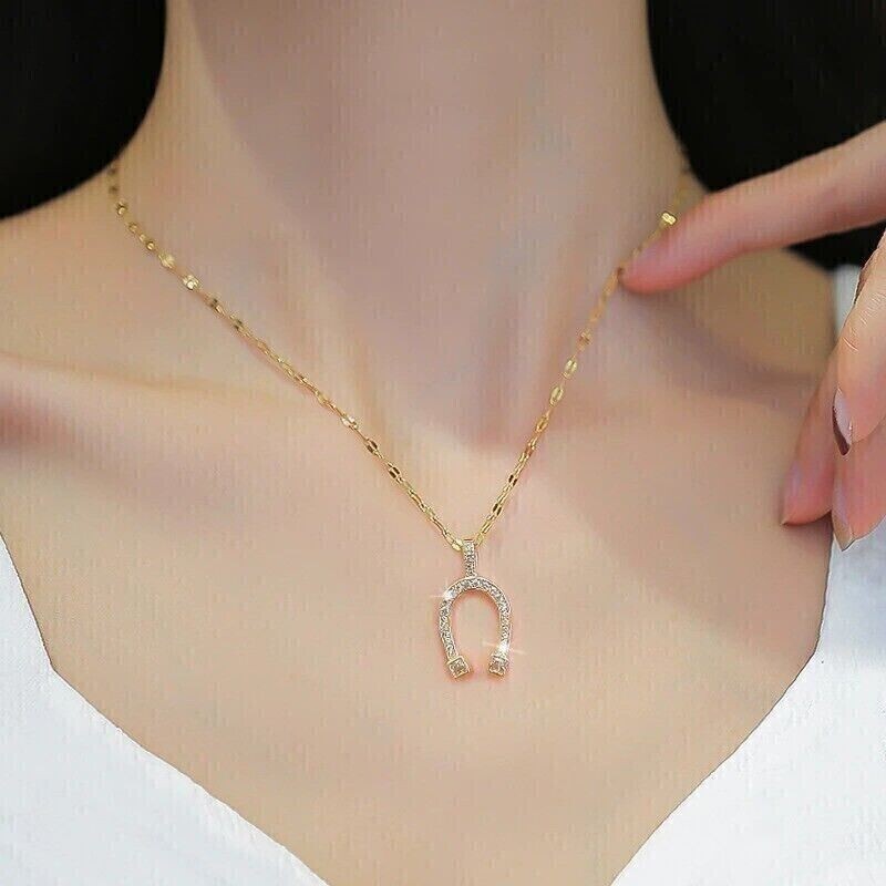 2 Ct Round Cut Simulated Diamond Horseshoe Pendant 14k Yellow Gold Plated Silver