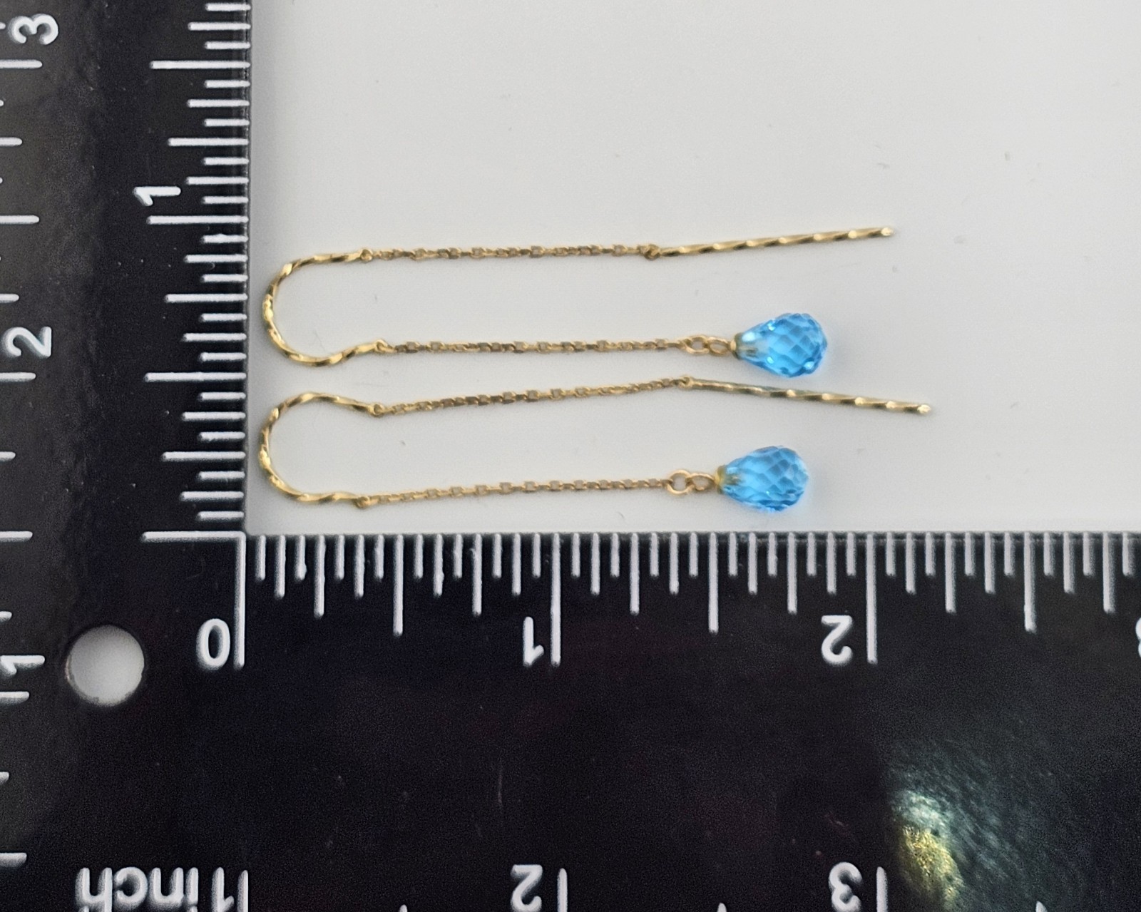 14K Solid Gold Blue Topaz Briolette Threader Earrings Acid Tested Presidium 0123