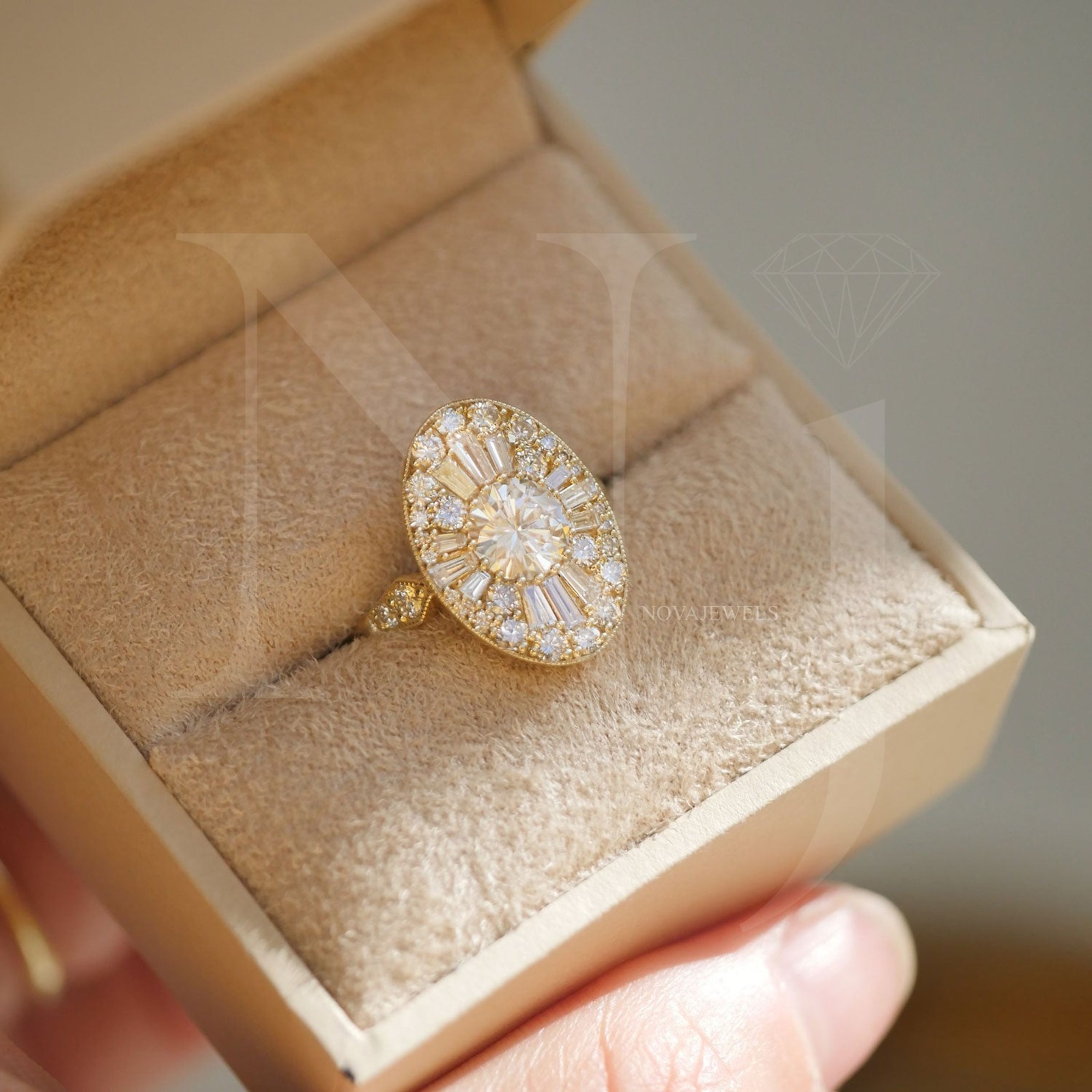 1 CT Round Cut Halo Moissanite Engagement Ring 14K Yellow Gold Plated For Women
