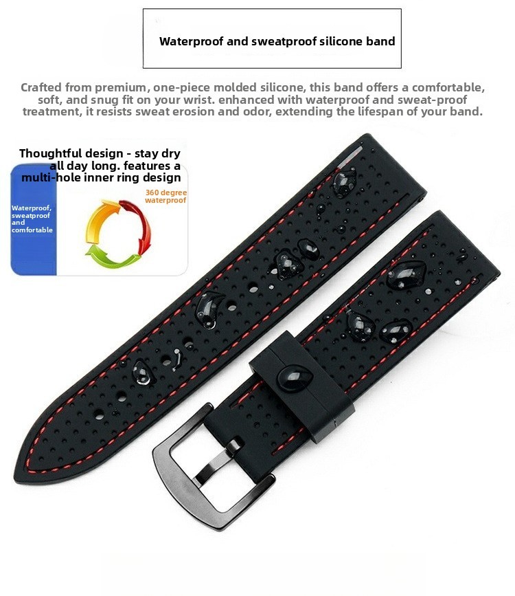 Silicone Watch Strap 20 22 24mm Waterproof Breathable Mens Sport Outdoor Band