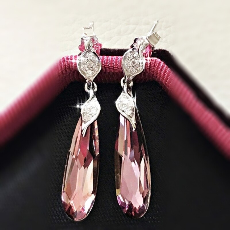 S925 Sterling Silver Made With SWAROVSKI Crystal Long Oval Amethyst Earrings