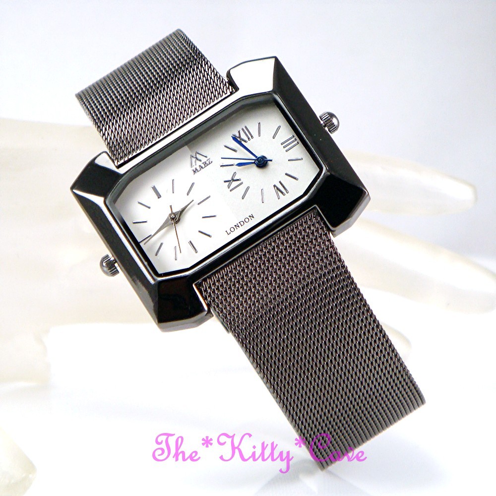 Designer Elegant Black Chainmail Mesh Dual 2 Time Twin Multi Zone Unisex Watch