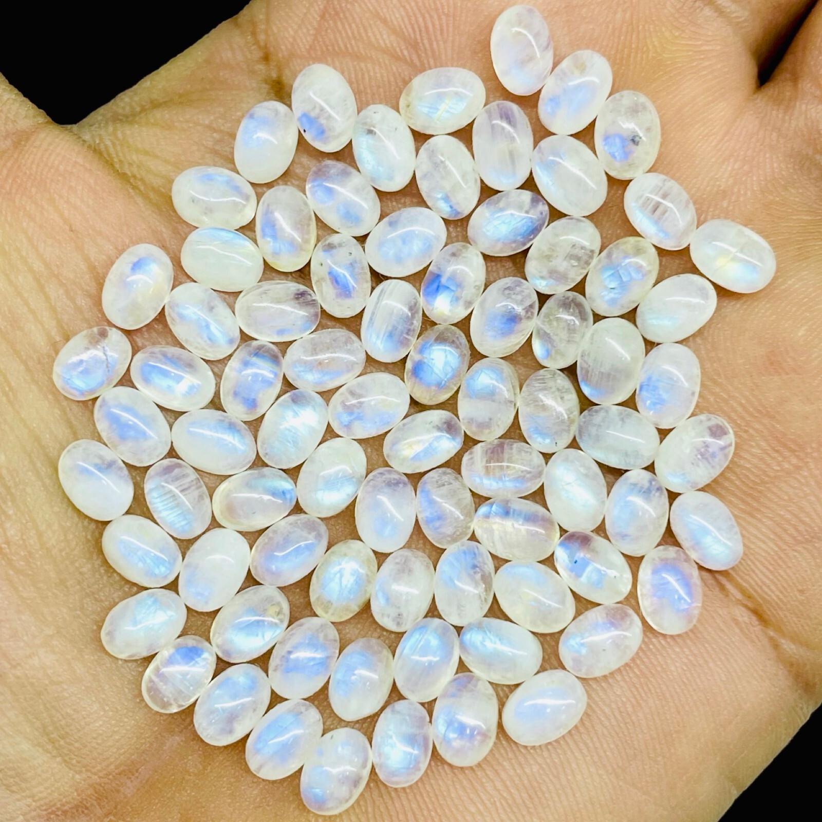 100 Pcs Natural Rainbow Moonstone 7x5mm Oval Loose Cabochon Gemstones Lot