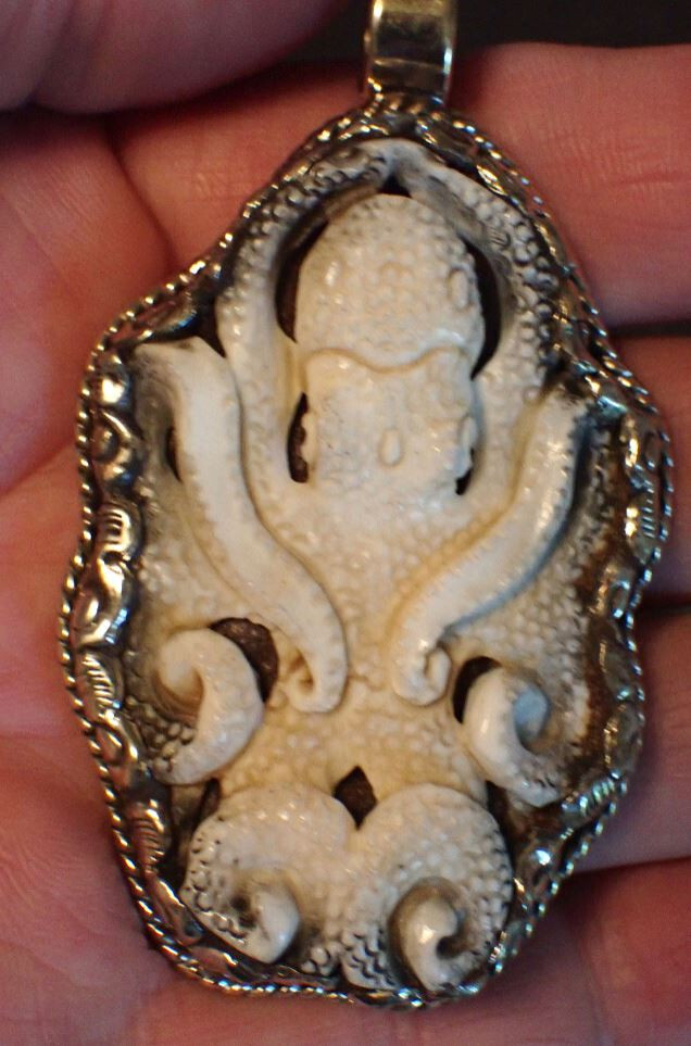 Octopus Squid Carved Pendant in Tibetan Silver Arms curled up approx 2 1/8 “