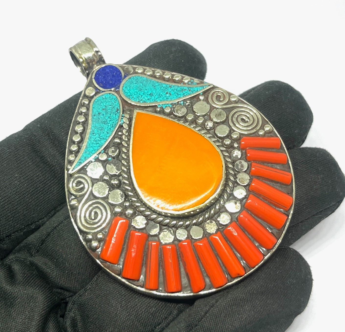 Antique Amber Coral Turquoise Gemstone Tibetan Style Pendant Jewelry, 2.9 inch