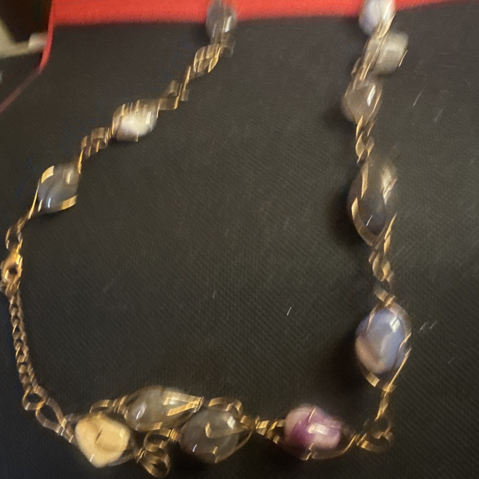 Gold Tone Cable Chain Wire Wrap Beaded Necklace Purple Gray Oval Stones