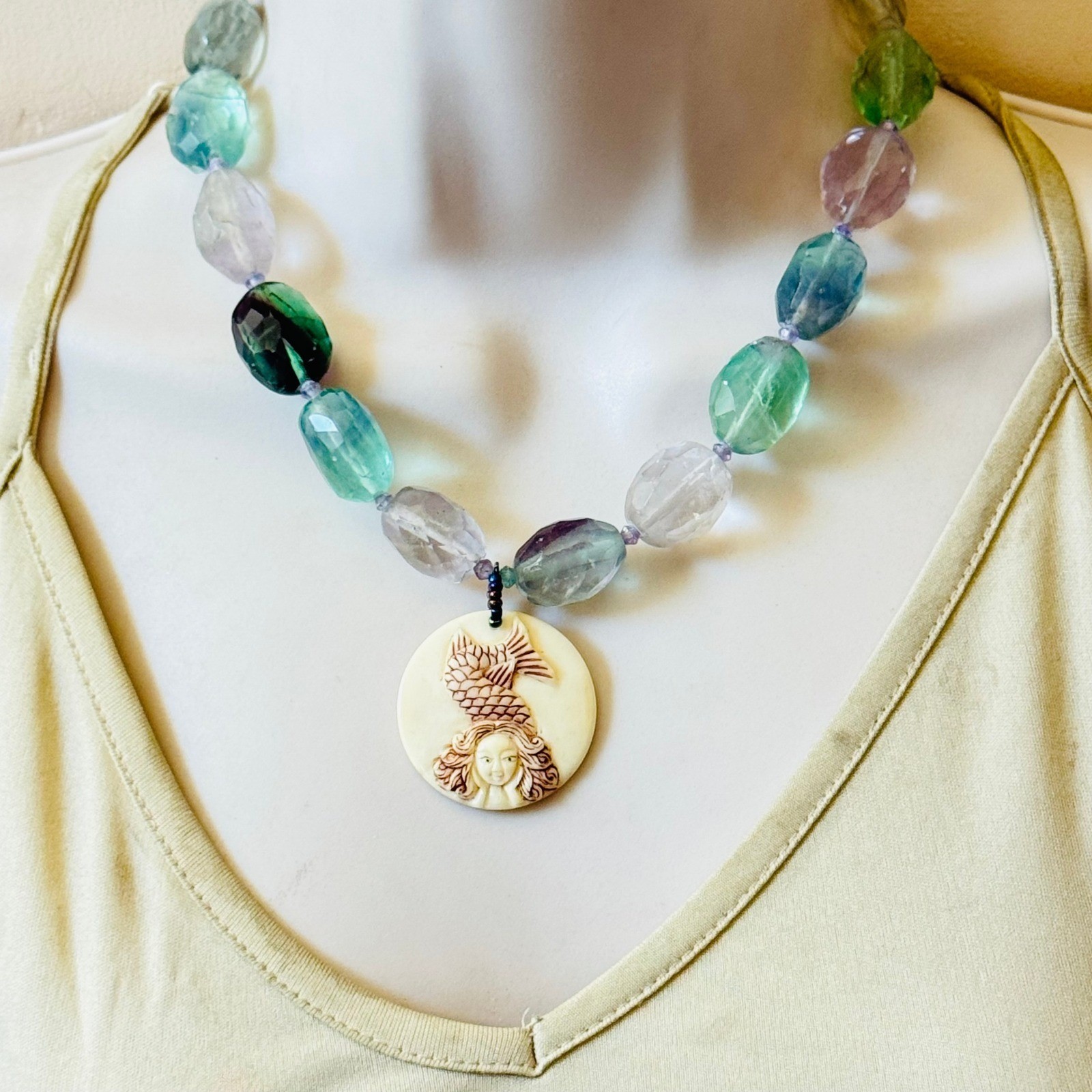 VTG Mermaid Rainbow Fluorite Necklace Natural Beads Whimsical sterling 925 18″