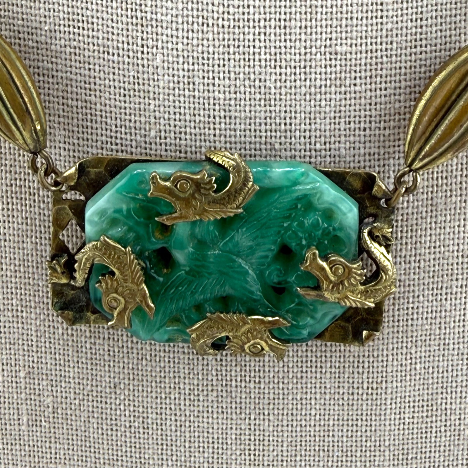 Vintage Polished Stone Dragon Necklace Gold Tone Asian 17”
