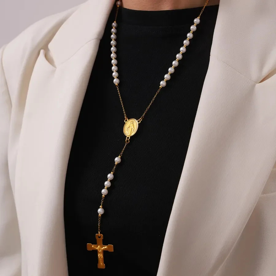 Women’s 18K Gold Plated Stainless Steel Cross Pendant Necklace Artificial Pearl