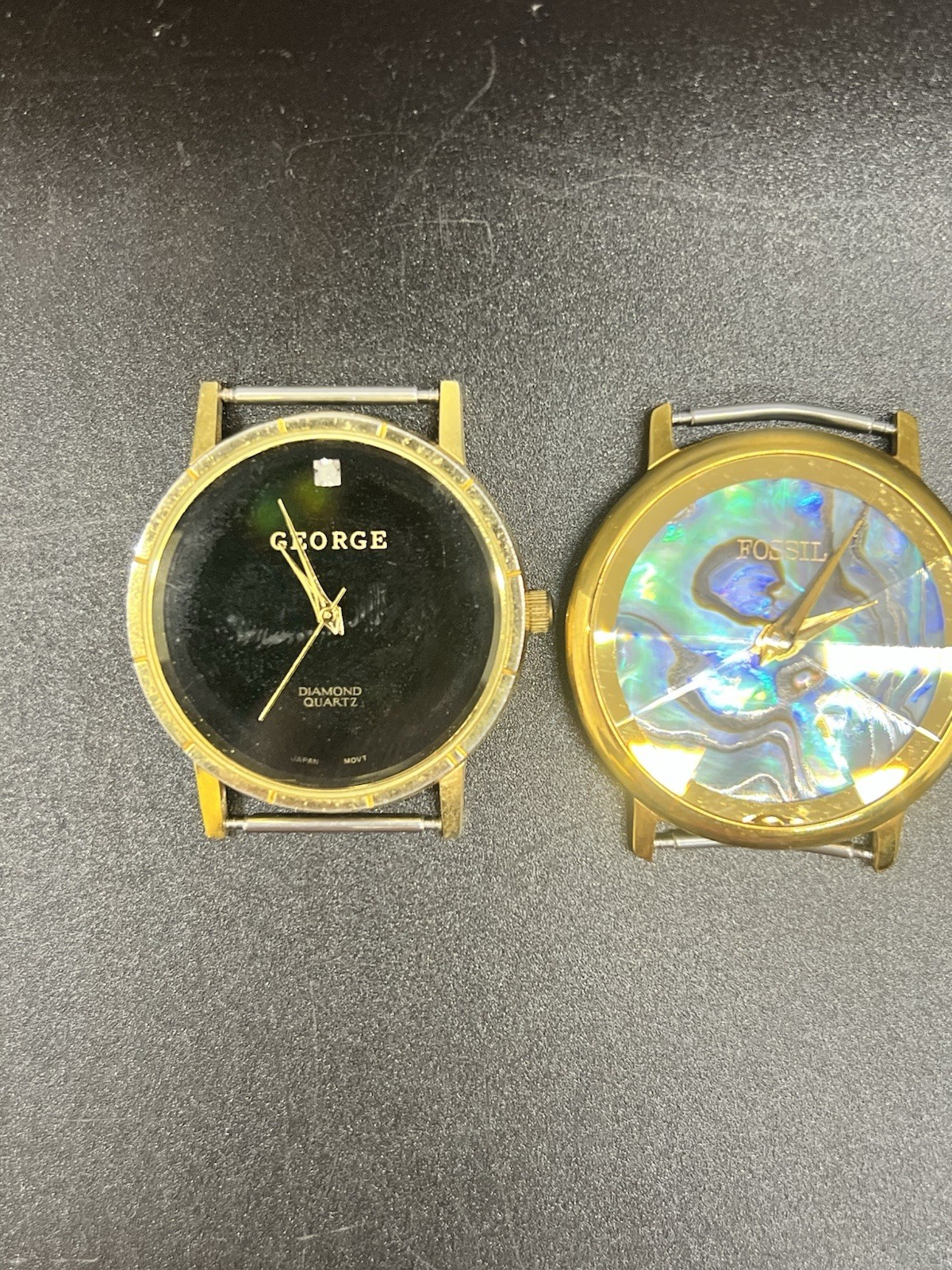 Two Vintage Watch Faces Lot- No Bands – George And Fossil -Numberless – Abalone