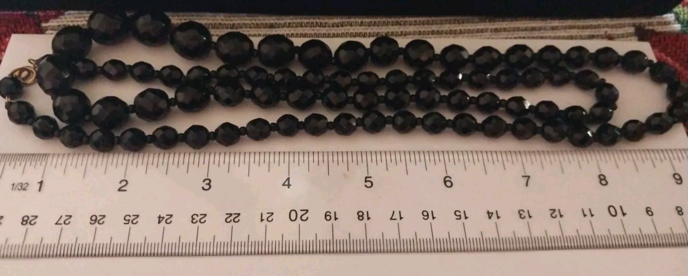 Two Vtg 1950’s Black Faceted Glass Necklaces. One 17 Inches The Other Is 34…