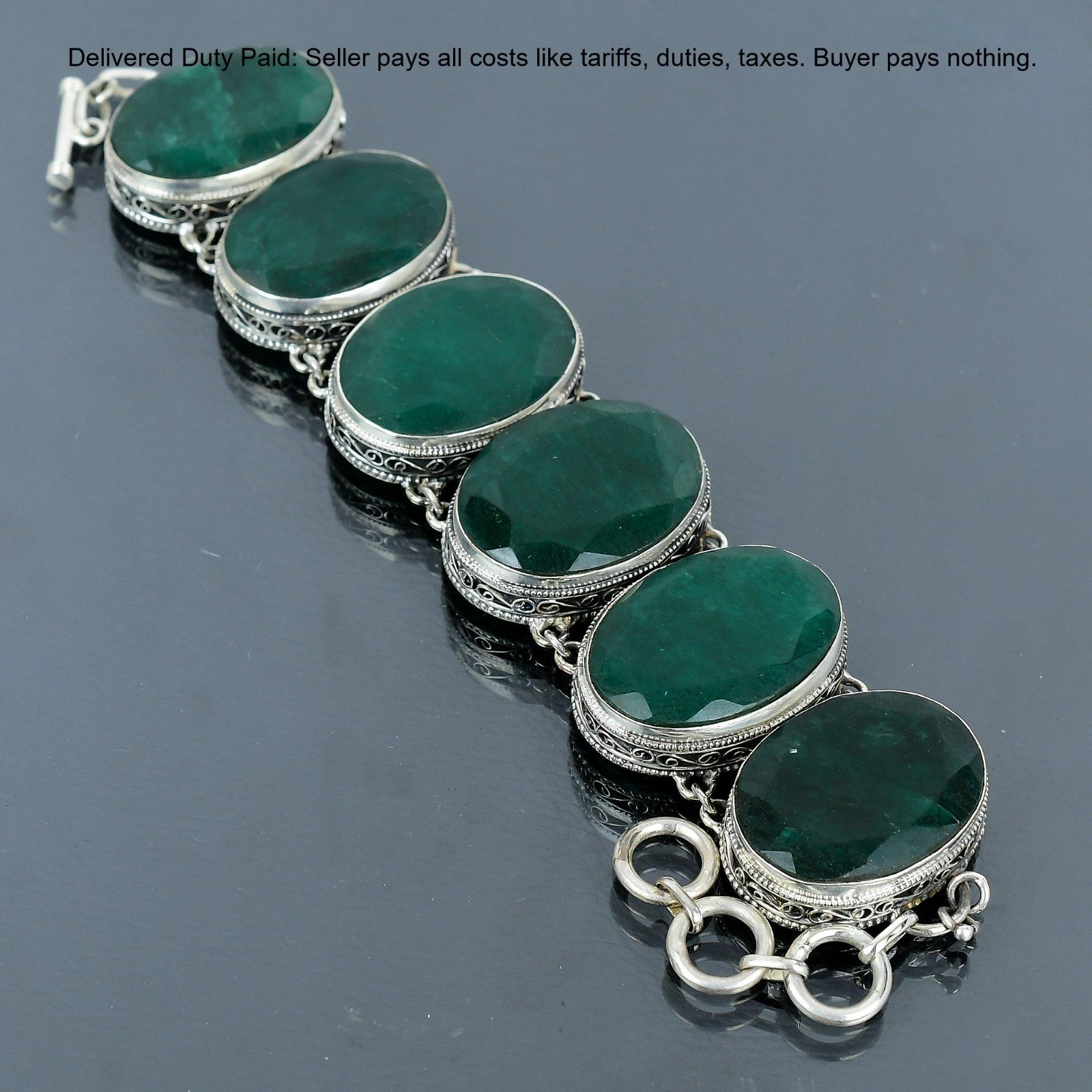 925 Sterling Silver Oval Natural Zambian Emrald New Vintage Wife Chain Bracelet