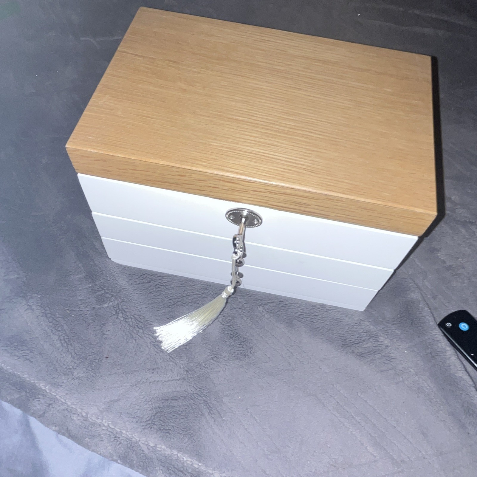 White Brown Wood Jewelry Box w/ Mirror, Key, Soft Lining, w/Scentbird Oil Case