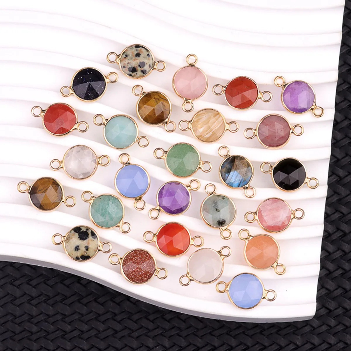 12PC Wholesale 11mm Round Natural Gemstone Connector Gold Charms for DIY Jewelry