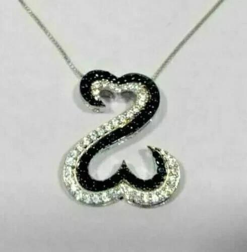 1Ct Round Black & White Diamond Open Heart Charm Pendant 14K White Gold Plated