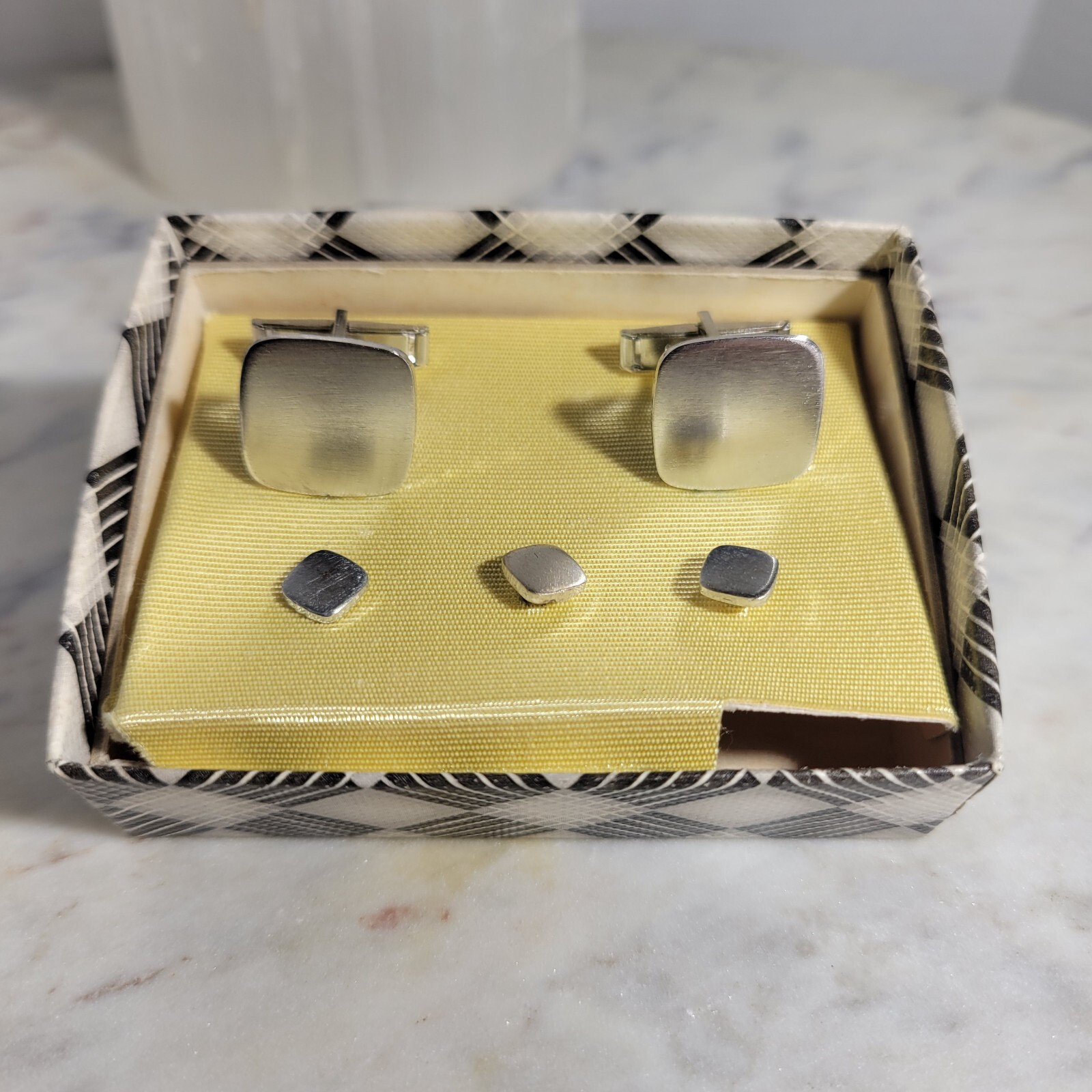 Vintage Silvertone Shiny Brush Matte Square Minimalist Cufflinks And Buttons