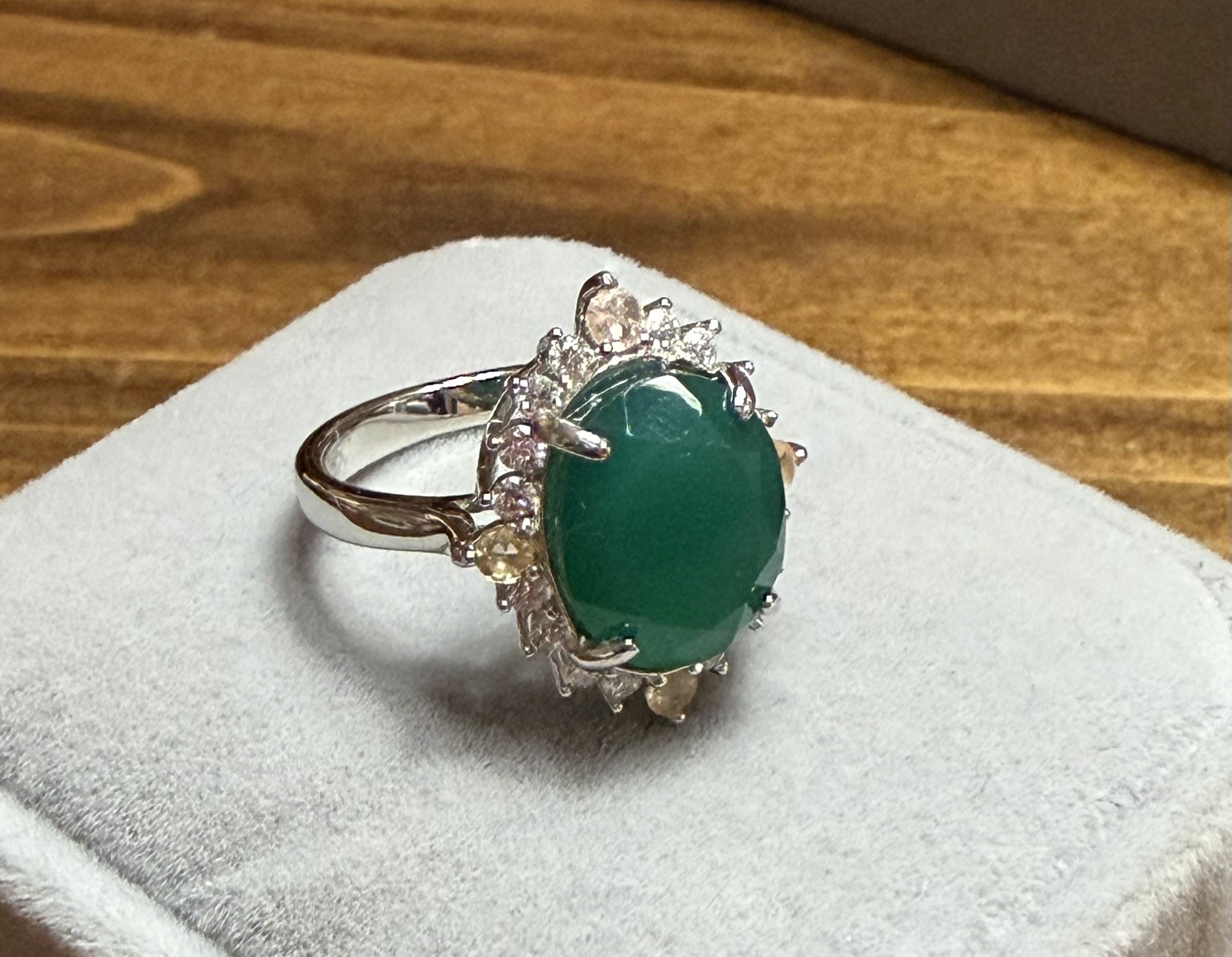 Stunning Natural Green Agate 4CT Sapphire & Zircon 925 Sterling Silver Ring Sz 6