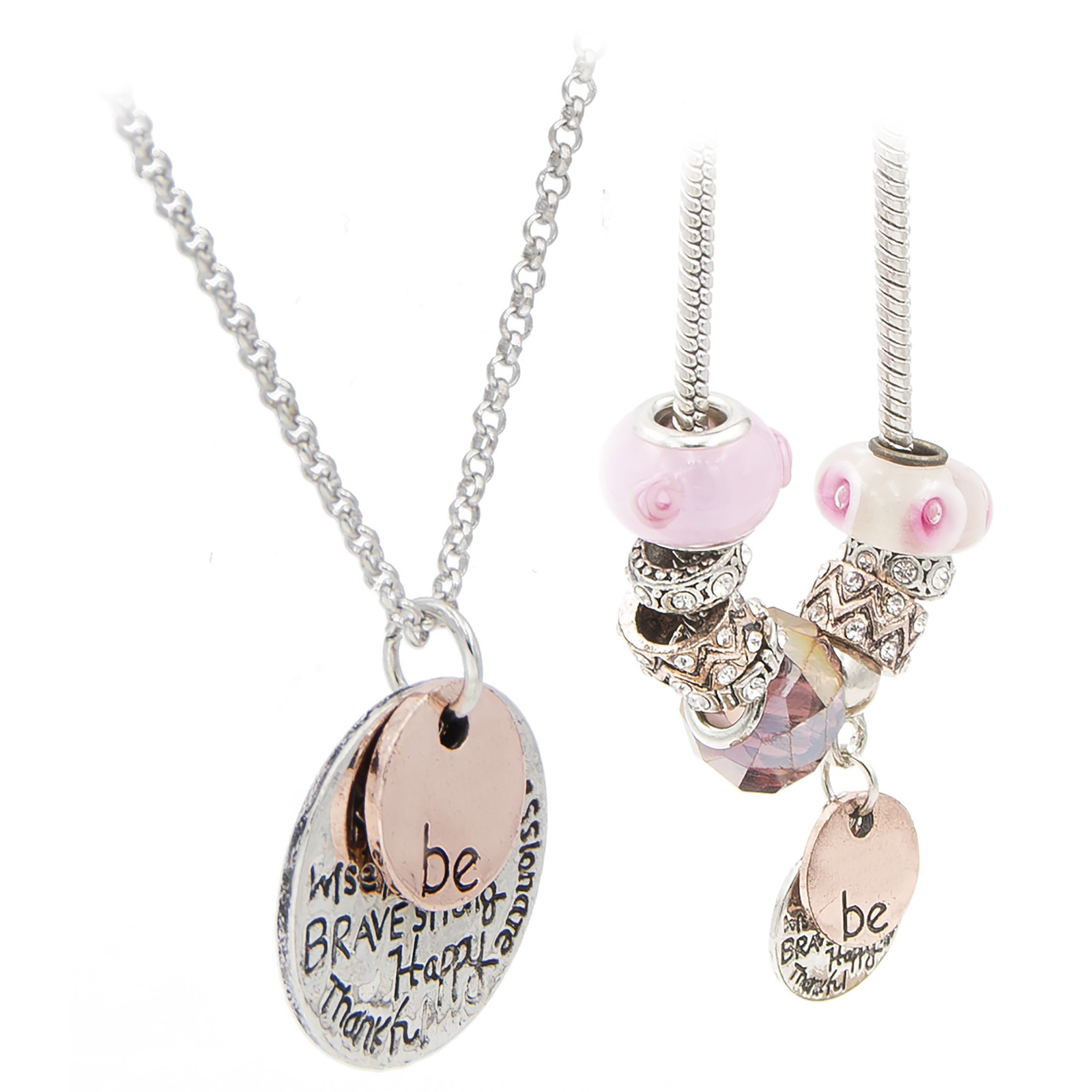 Glam & Glow “Be Kind, Brave, Compassionate” Charm Bracelet and Necklace Set