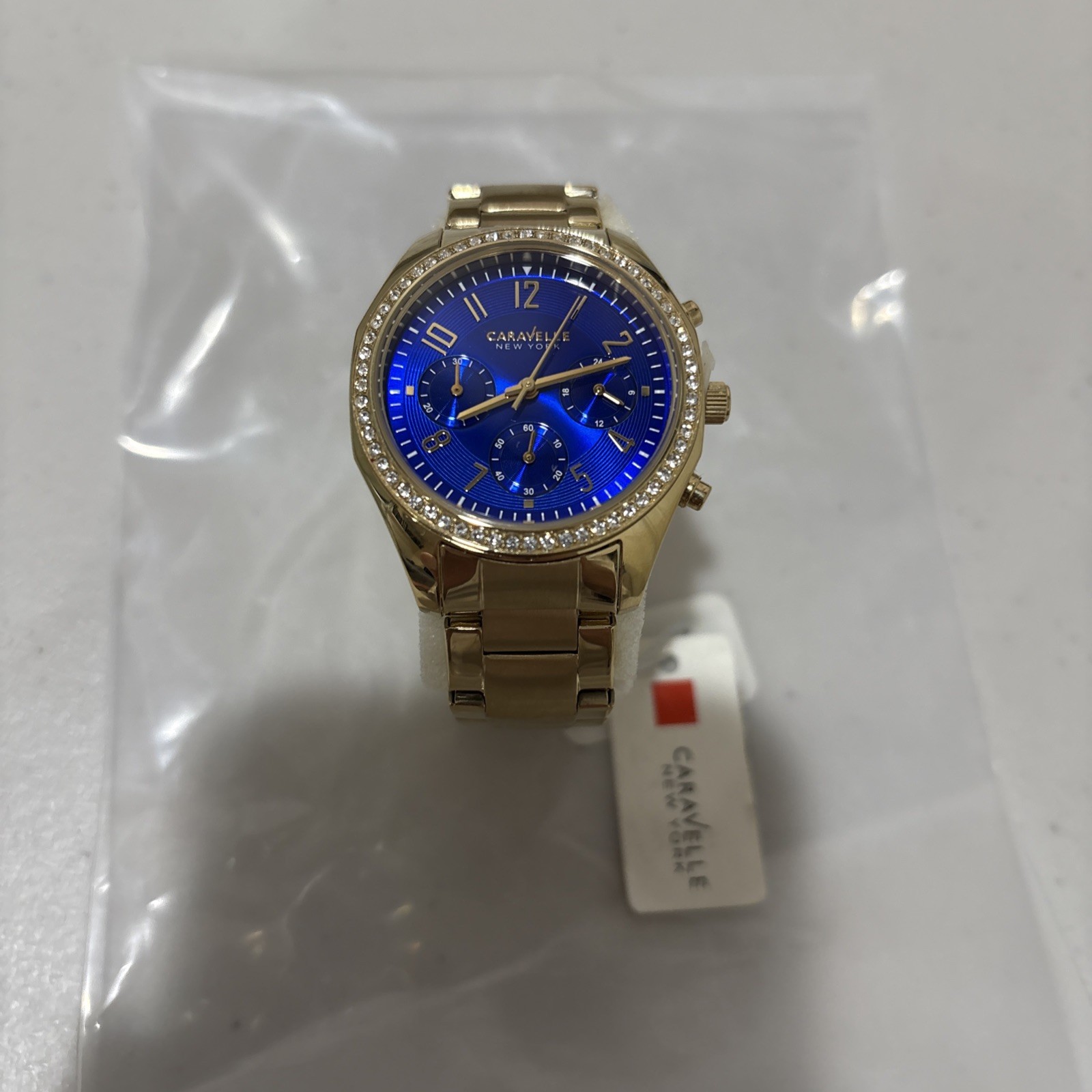 New Caravelle New York Gold-Tone Blue Dial Chronograph Quartz Wristwatch 44L167