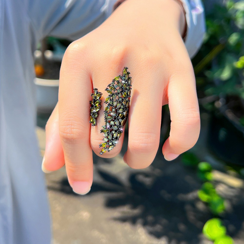 Olive Green Geometric Adjustable Ring for Women CZ Black Gold Plated Jewelry