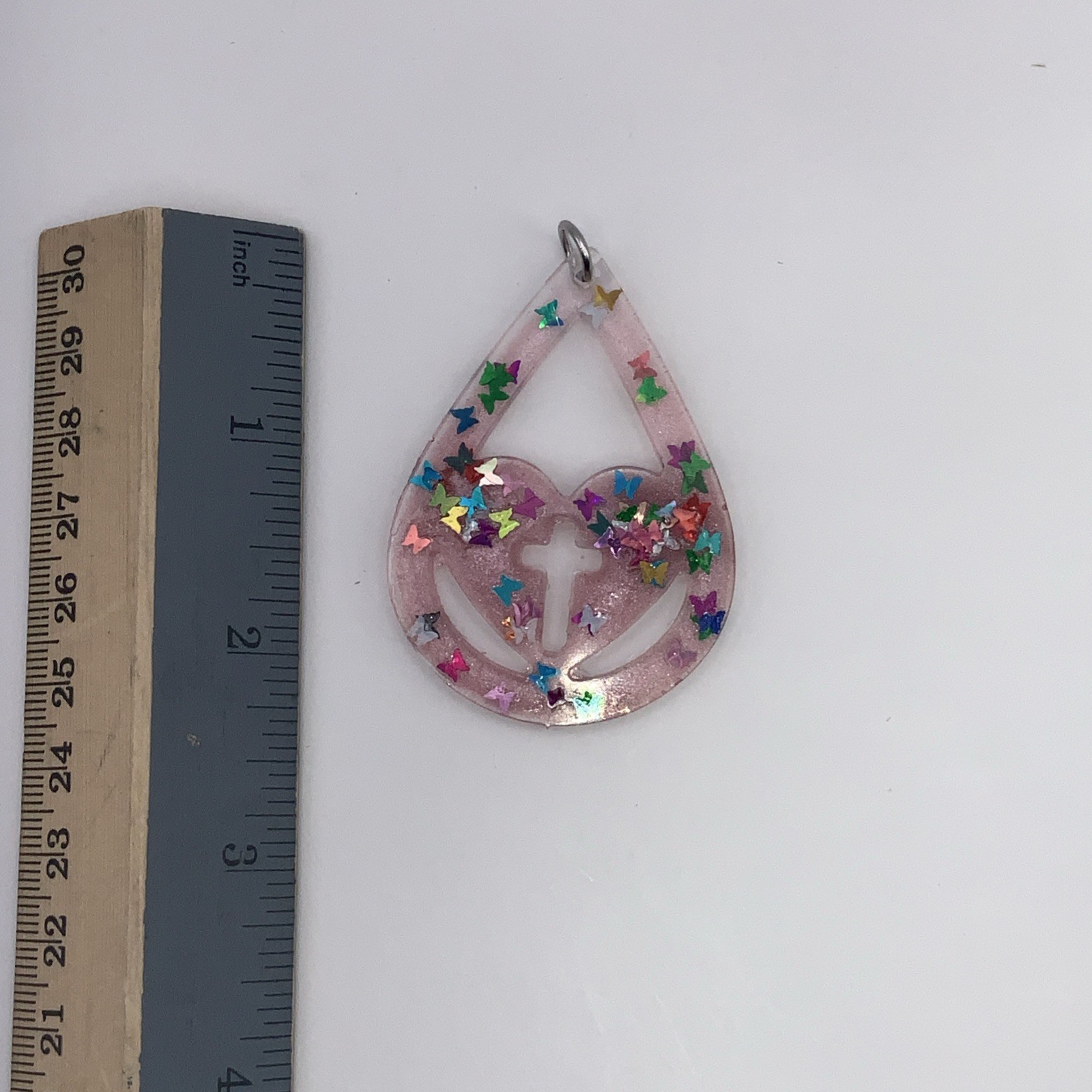 House Of David Handmade Cross Necklace Pink Butterflies