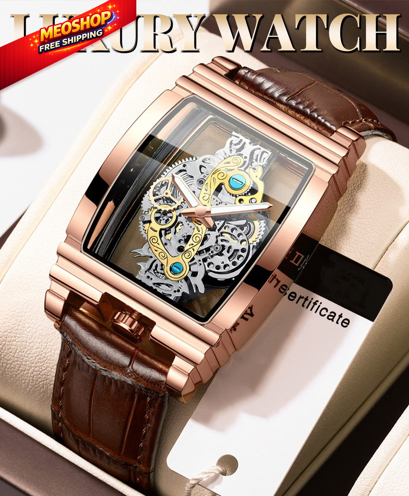 Men’s Luxury Hollow Skeleton Watch Retro Gorgeous Gear brown rose gold