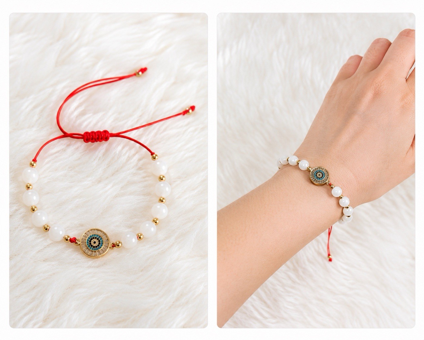 Red Cord White Beaded Bracelet, Gold-Tone Evil Eye Dangle Charm, Adjustable