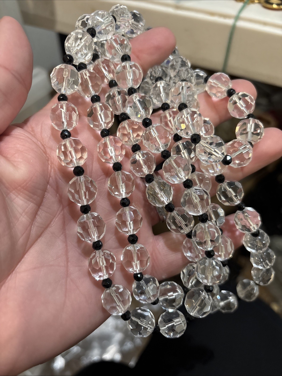 Breathtaking Clear Black Crystal Bead Long Necklace Quality Unsigned 52”!!