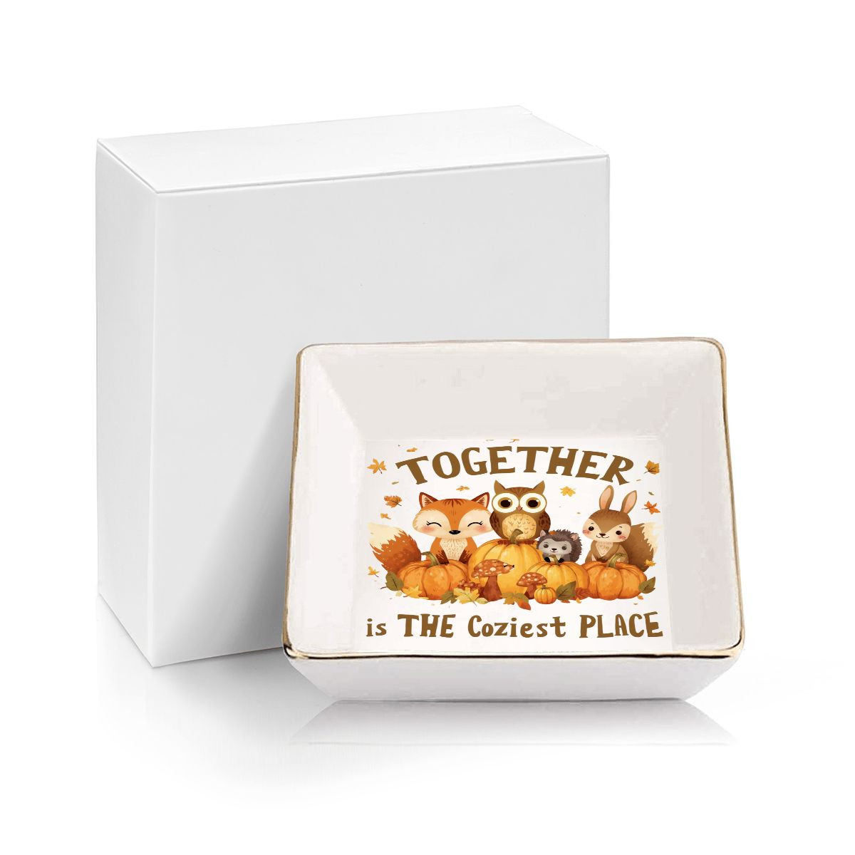 Together Is The Coziest Place Fall Woodland Animals Jewelry Dish Trinket Holder