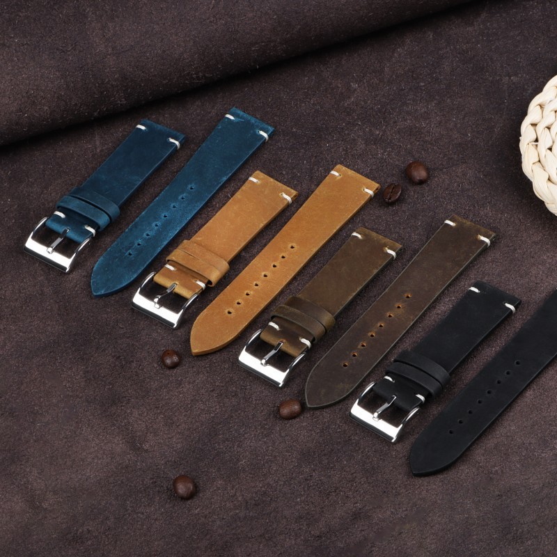 Retro Crazy Horse Genuine Leather Watch Straps Mens Solid Buckle Band 18/20/22mm